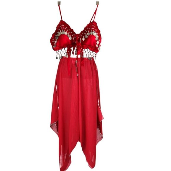 Belly Dance Costume Top Silver Coins Sequence Skirt Suit Set Size S/M Halloween - Picture 1 of 16